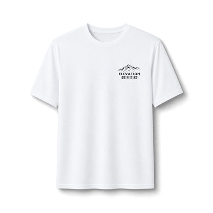 Performance Tee — Small Chest Logo & 'Adventure Awaits' Back Mountain Graphic
