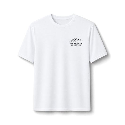 Performance Tee — Small Chest Logo & 'Adventure Awaits' Back Mountain Graphic