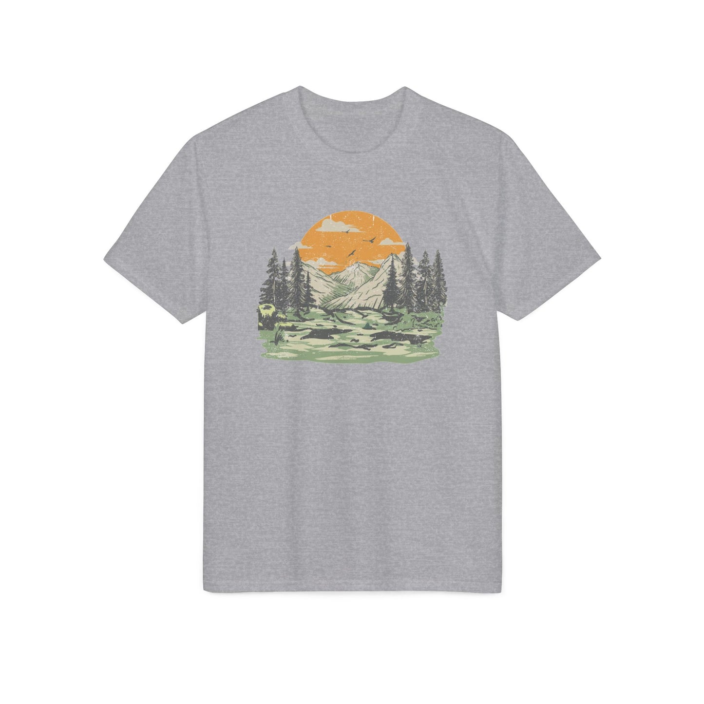 Mountain Sunset Graphic T-Shirt — Retro Nature Camp Tee for Hikers & Outdoors