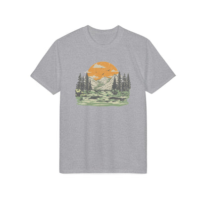 Mountain Sunset Graphic T-Shirt — Retro Nature Camp Tee for Hikers & Outdoors