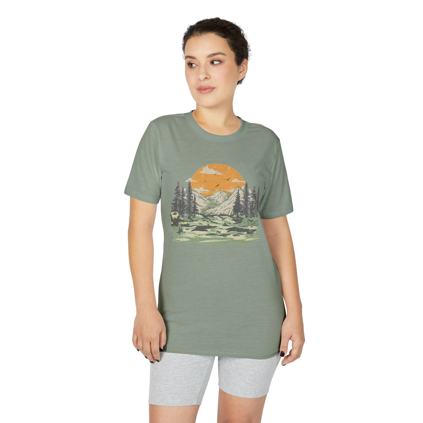 Mountain Sunset Graphic T-Shirt — Retro Nature Camp Tee for Hikers & Outdoors