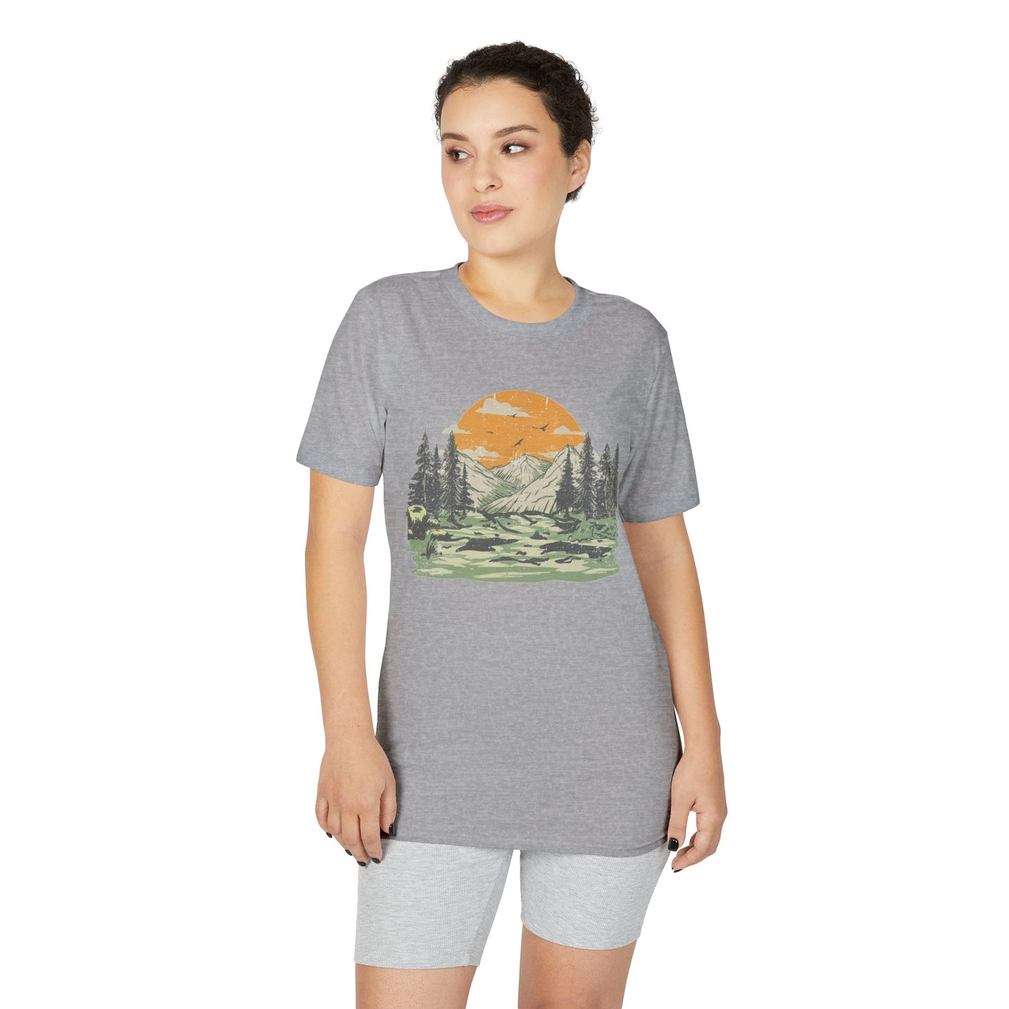 Mountain Sunset Graphic T-Shirt — Retro Nature Camp Tee for Hikers & Outdoors