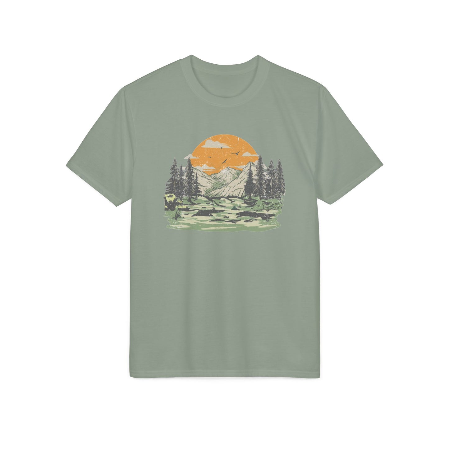 Mountain Sunset Graphic T-Shirt — Retro Nature Camp Tee for Hikers & Outdoors