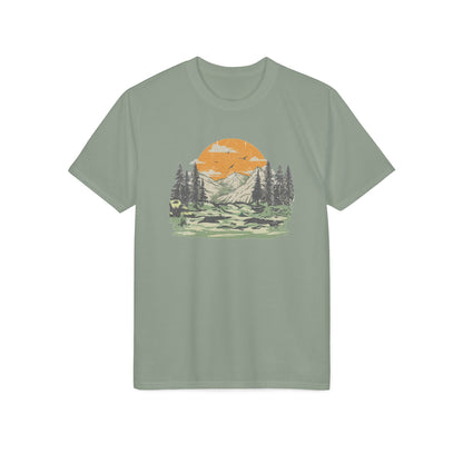 Mountain Sunset Graphic T-Shirt — Retro Nature Camp Tee for Hikers & Outdoors
