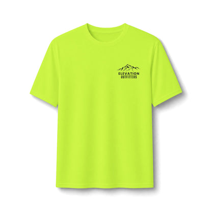 Performance Tee — Small Chest Logo & 'Adventure Awaits' Back Mountain Graphic