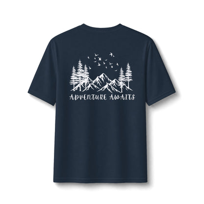 Performance Tee — Small Chest Logo & 'Adventure Awaits' Back Mountain Graphic