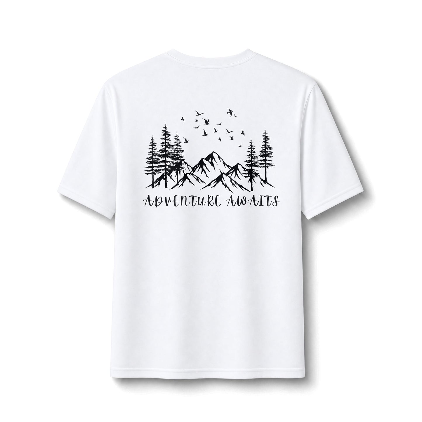Performance Tee — Small Chest Logo & 'Adventure Awaits' Back Mountain Graphic