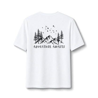 Performance Tee — Small Chest Logo & 'Adventure Awaits' Back Mountain Graphic