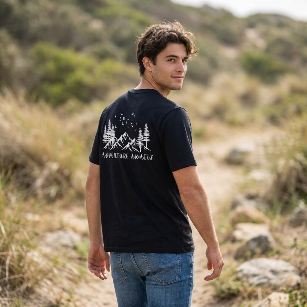 Performance Tee — Small Chest Logo & 'Adventure Awaits' Back Mountain Graphic
