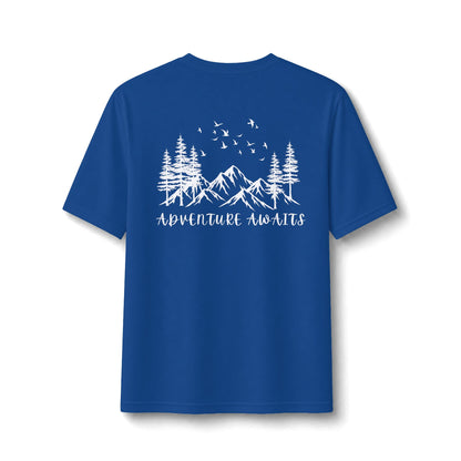 Performance Tee — Small Chest Logo & 'Adventure Awaits' Back Mountain Graphic