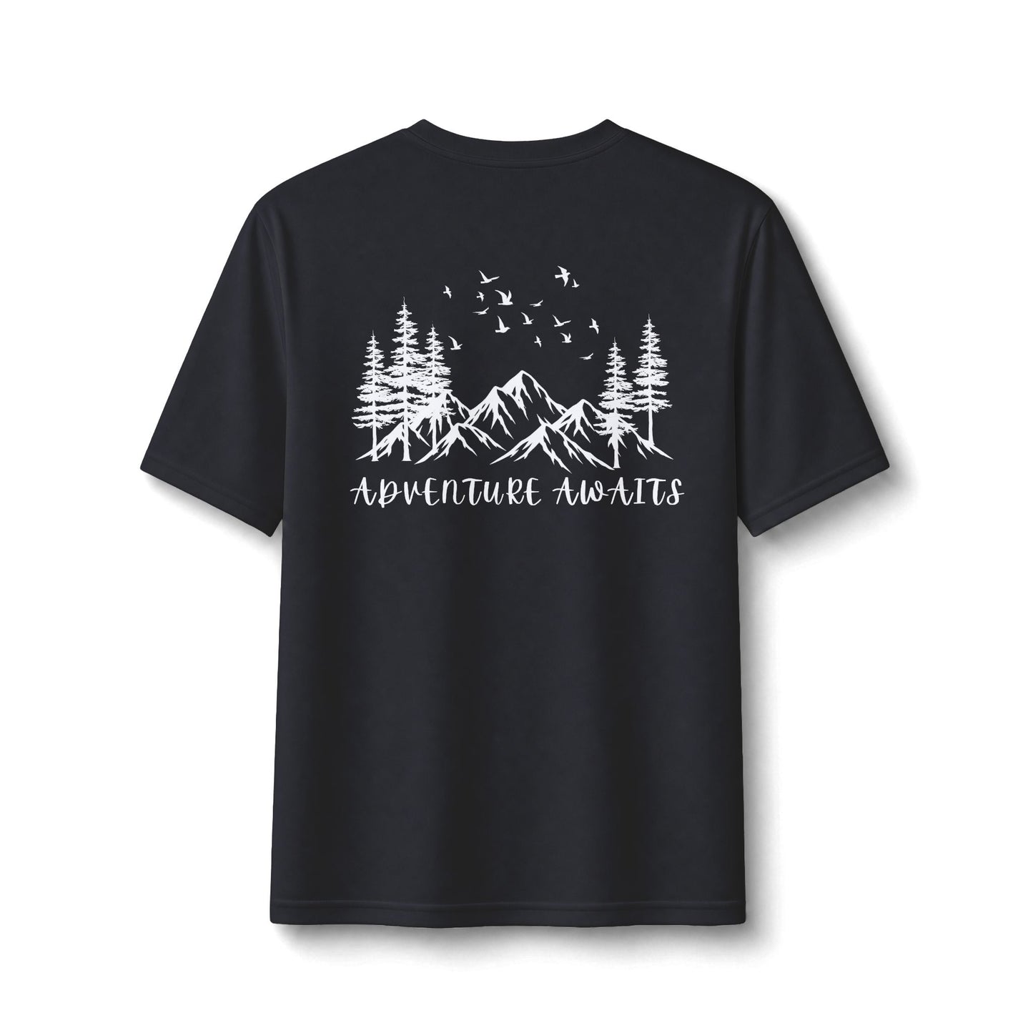 Performance Tee — Small Chest Logo & 'Adventure Awaits' Back Mountain Graphic
