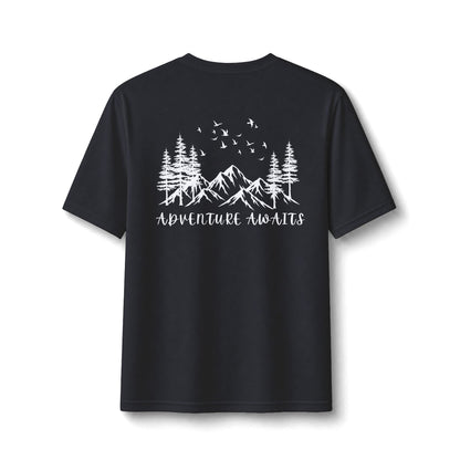 Performance Tee — Small Chest Logo & 'Adventure Awaits' Back Mountain Graphic