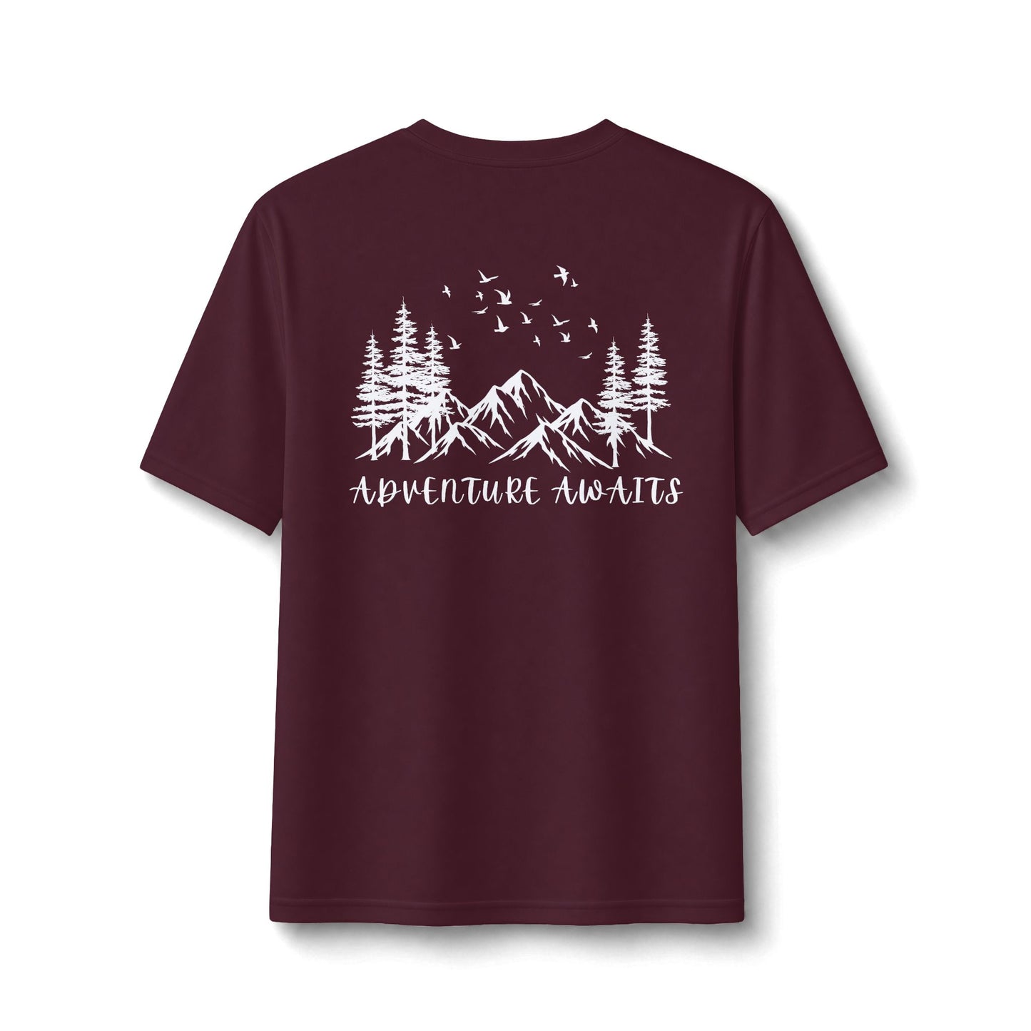 Performance Tee — Small Chest Logo & 'Adventure Awaits' Back Mountain Graphic