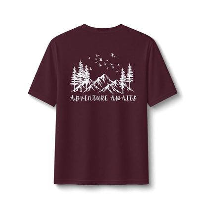 Performance Tee — Small Chest Logo & 'Adventure Awaits' Back Mountain Graphic