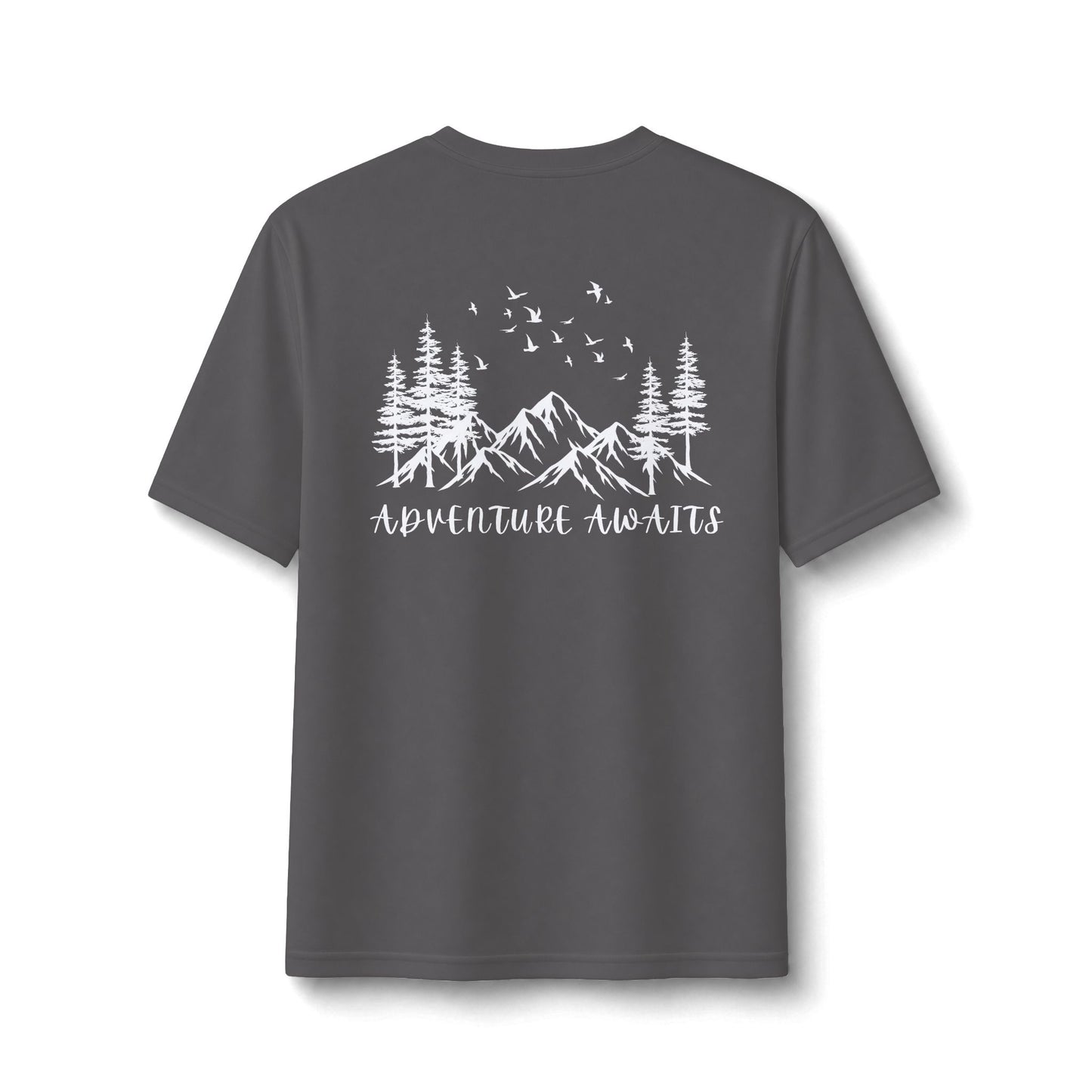 Performance Tee — Small Chest Logo & 'Adventure Awaits' Back Mountain Graphic