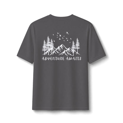 Performance Tee — Small Chest Logo & 'Adventure Awaits' Back Mountain Graphic