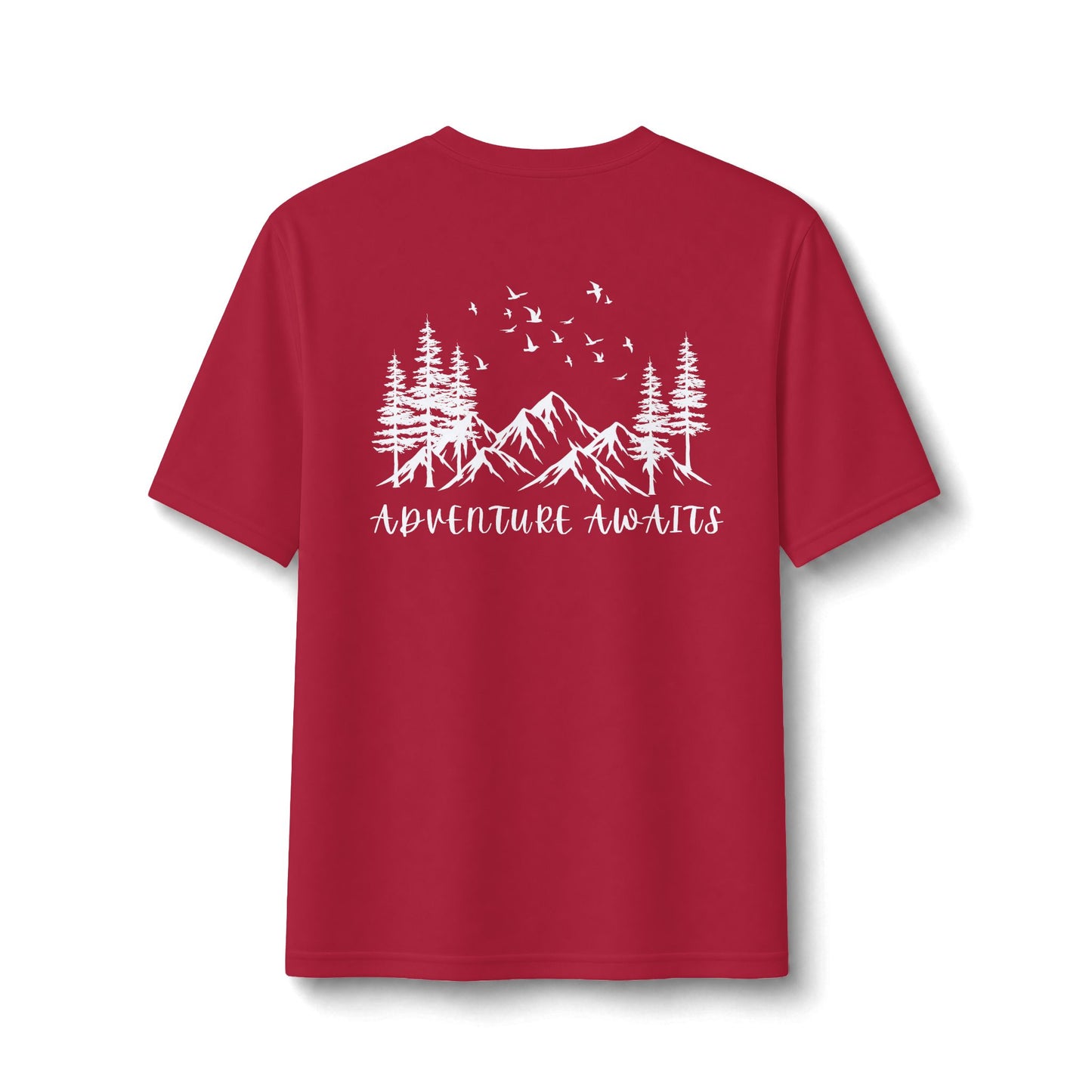 Performance Tee — Small Chest Logo & 'Adventure Awaits' Back Mountain Graphic