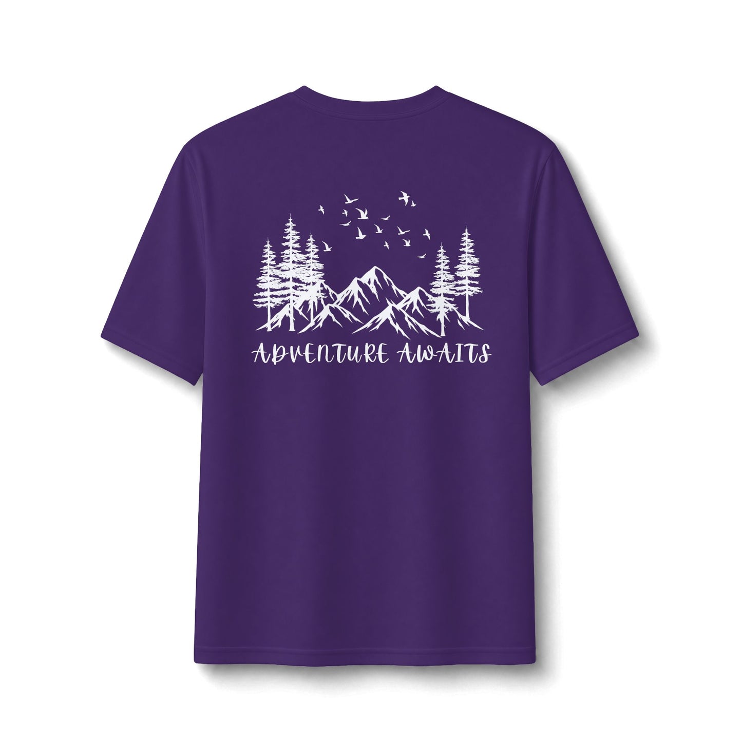 Performance Tee — Small Chest Logo & 'Adventure Awaits' Back Mountain Graphic