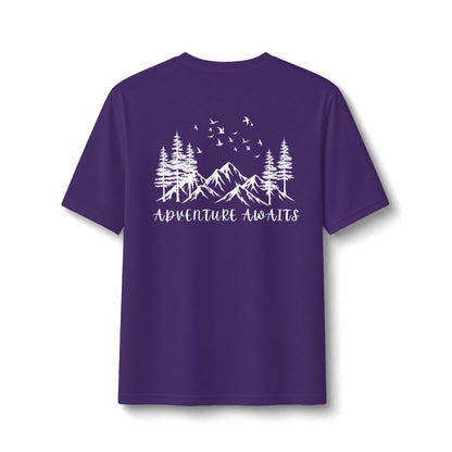 Performance Tee — Small Chest Logo & 'Adventure Awaits' Back Mountain Graphic