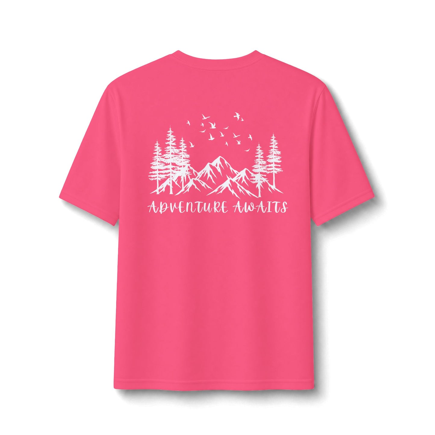 Performance Tee — Small Chest Logo & 'Adventure Awaits' Back Mountain Graphic