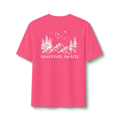 Performance Tee — Small Chest Logo & 'Adventure Awaits' Back Mountain Graphic