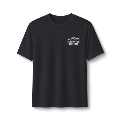 Performance Tee — Small Chest Logo & 'Adventure Awaits' Back Mountain Graphic