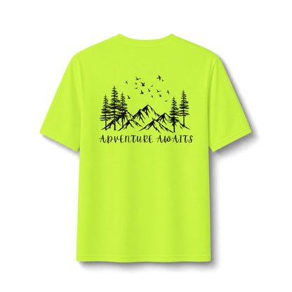 Performance Tee — Small Chest Logo & 'Adventure Awaits' Back Mountain Graphic