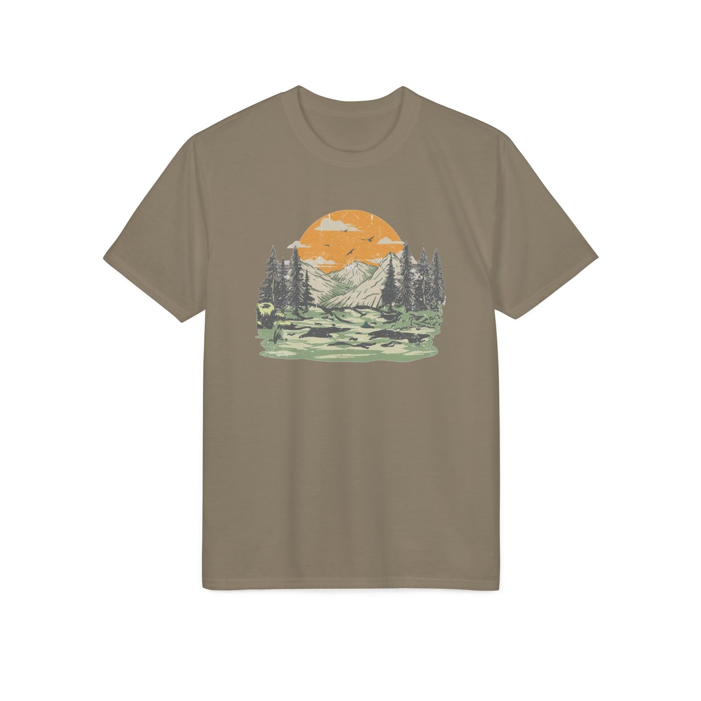 Mountain Sunset Graphic T-Shirt — Retro Nature Camp Tee for Hikers & Outdoors