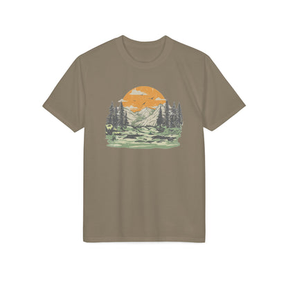 Mountain Sunset Graphic T-Shirt — Retro Nature Camp Tee for Hikers & Outdoors