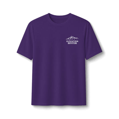 Performance Tee — Small Chest Logo & 'Adventure Awaits' Back Mountain Graphic