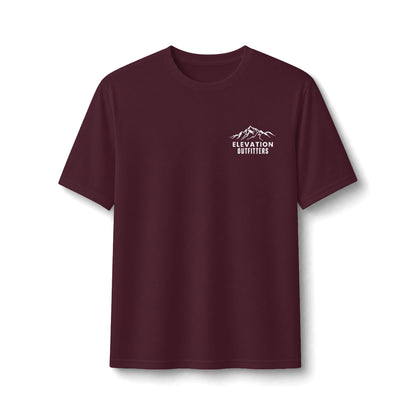 Performance Tee — Small Chest Logo & 'Adventure Awaits' Back Mountain Graphic